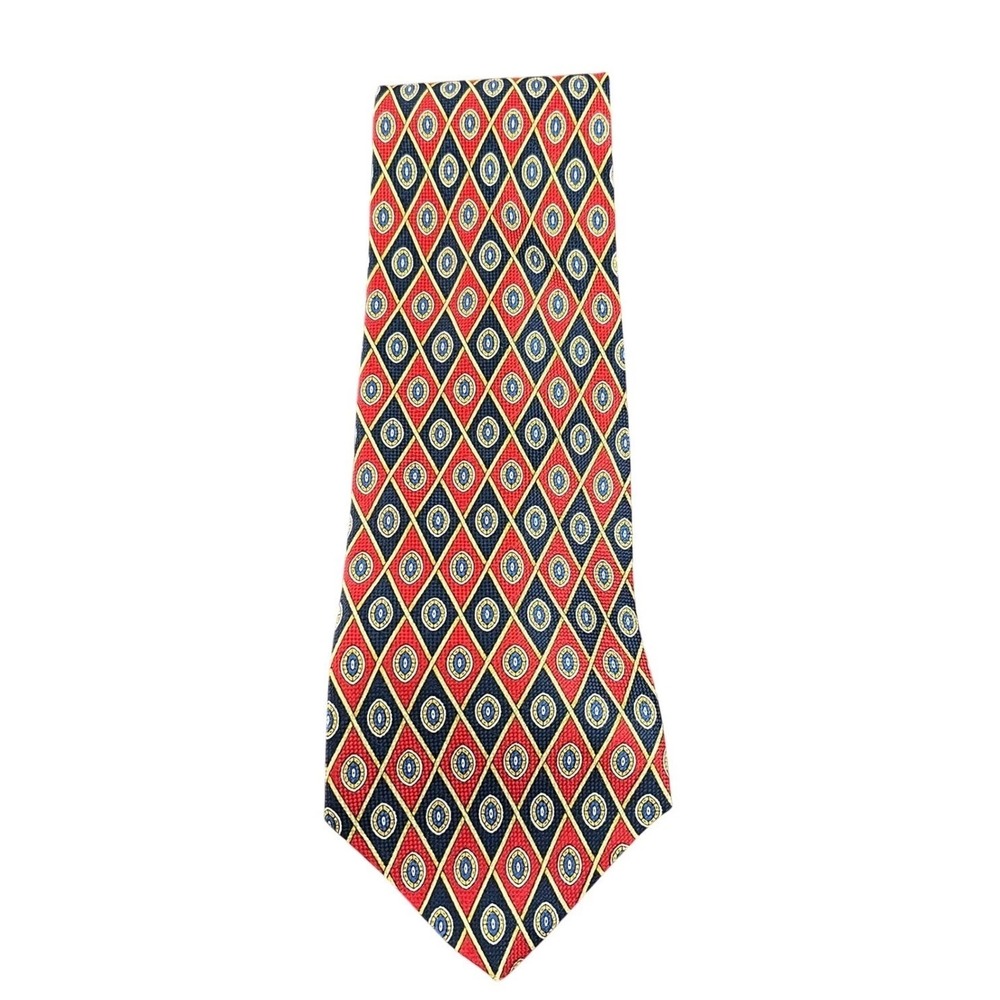 Tommy Hilfiger Mens Silk Tie Red Navy Blue Gold Geometric Diamond Made in USA